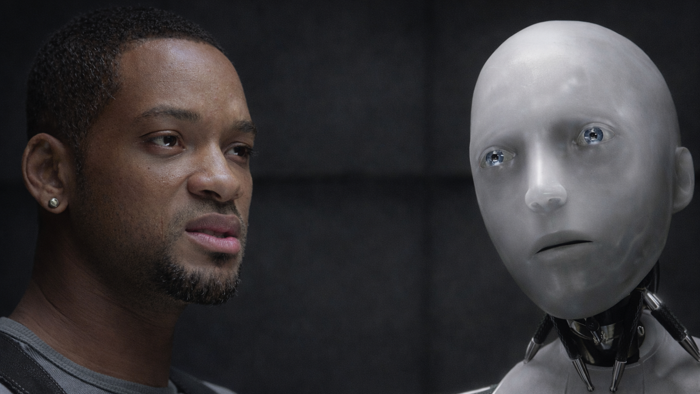 Ator will smith olhando para um robo